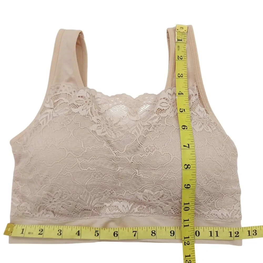Rhonda Shear Bra Womens Large Nude Lace Overlay Wireless Padded Comfort Soft